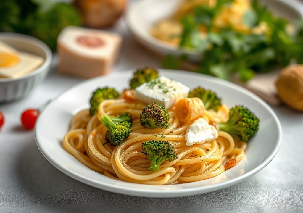 Pasta met gebakken brie en broccoli — AI-gegenereerde illustratie