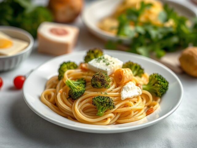 Pasta met gebakken brie en broccoli — AI-gegenereerde illustratie