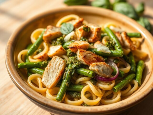 Pasta met gegrilde kip, sperziebonen en basilicum
