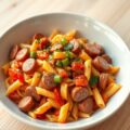 Pasta met Gelderse rookworst en groentjes