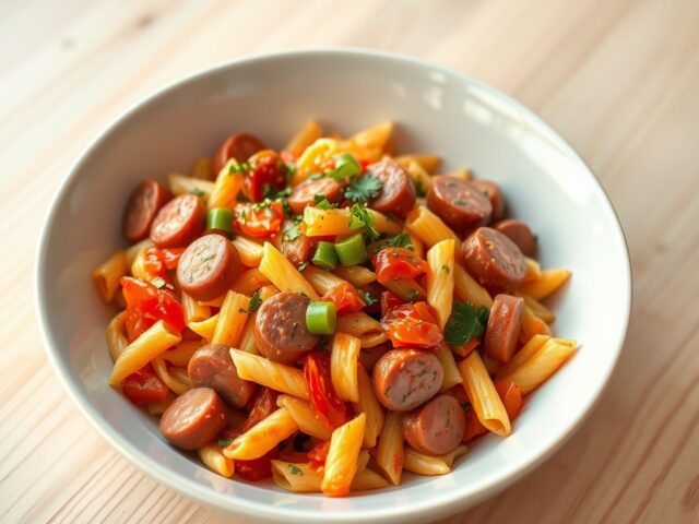 Pasta met Gelderse rookworst en groentjes