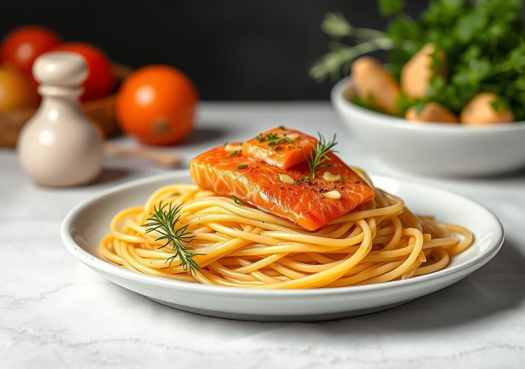 Pasta met gerookte zalm, AI-gegenereerde illustratie