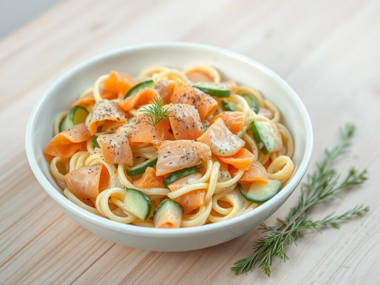 pasta met gerookte zalm en komkommer