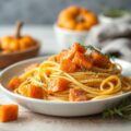 Pasta met gerookte zalm en stukjes pompoen