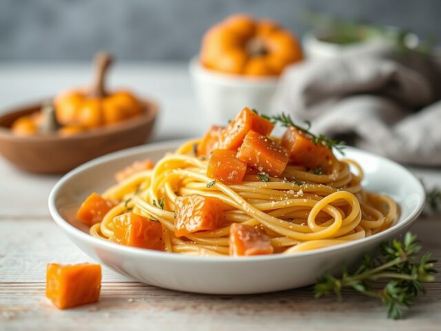 Pasta met gerookte zalm en stukjes pompoen
