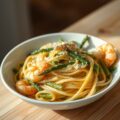 Pasta met groene asperges en scampi