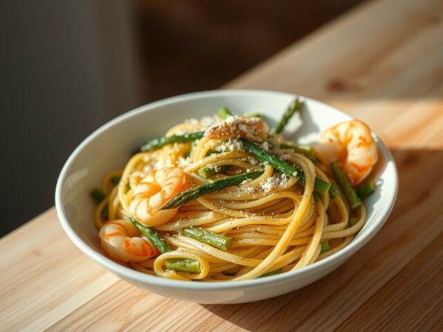 Pasta met groene asperges en scampi