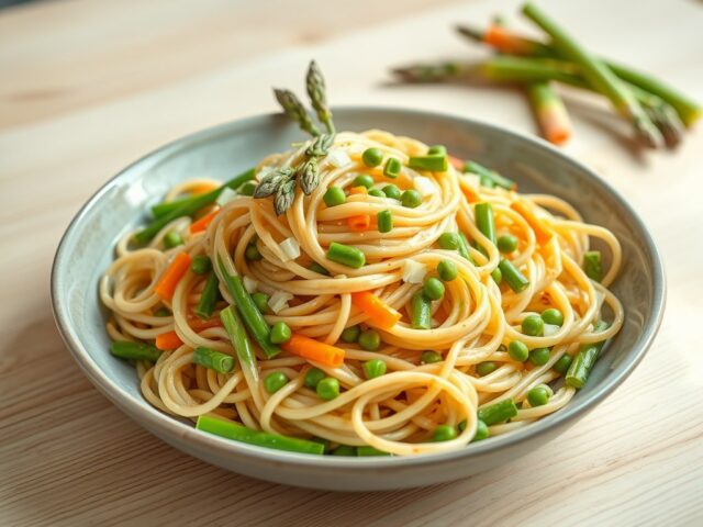 Pasta met Groene Asperges, Lenteuitjes en Erwten