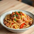 Pasta met groenten stoofschotel en paprikaworst