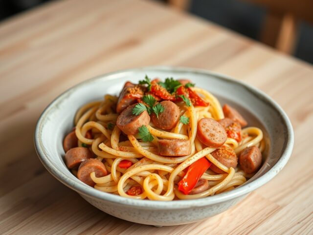 Pasta met groenten stoofschotel en paprikaworst