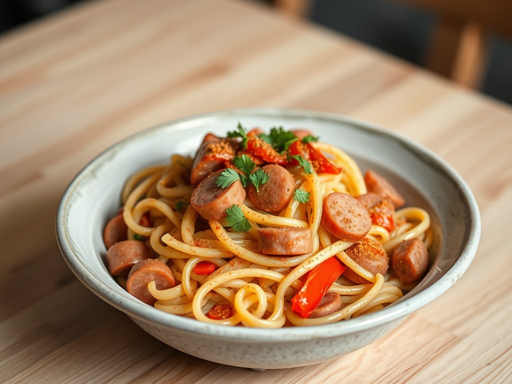 Pasta met groenten stoofschotel en paprikaworst, AI-gegenereerde illustratie