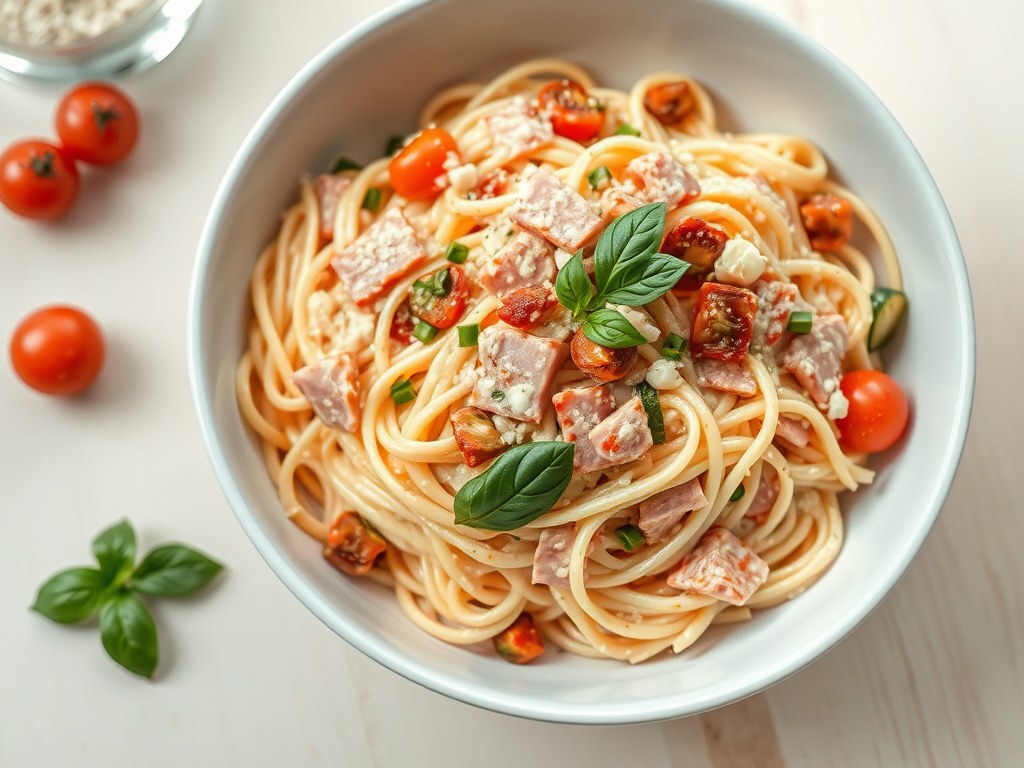 Pasta met ham en groentjes, AI-gegenereerde illustratie
