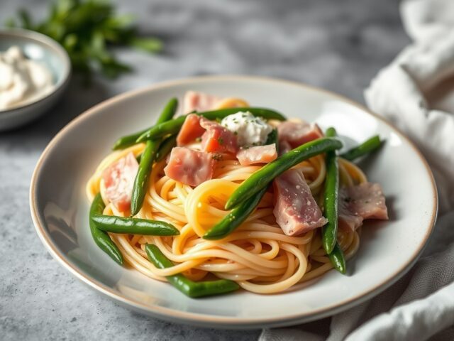pasta met ham en sperzie boontjes