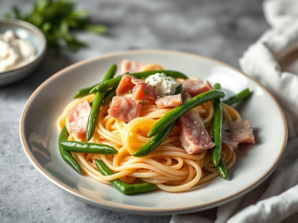 pasta met ham en sperzie boontjes, AI-gegenereerde illustratie
