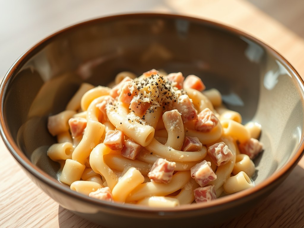 Pasta met ham-kaassaus, AI-gegenereerde illustratie
