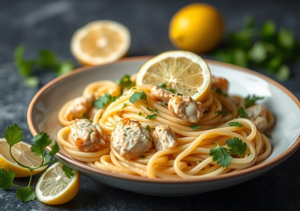 Pasta met kip en citroen, AI-gegenereerde illustratie