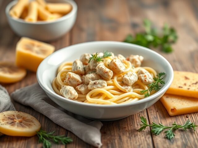Pasta met kip en perziken in roomsaus — AI-gegenereerde illustratie