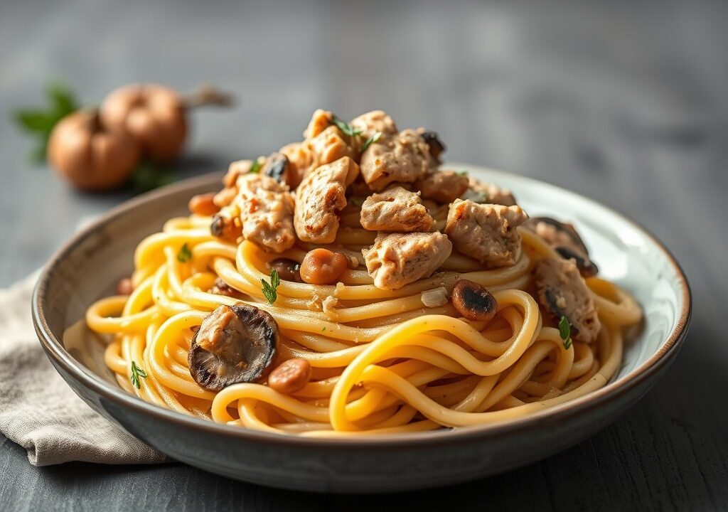Pasta met kip en tonijn, AI-gegenereerde illustratie