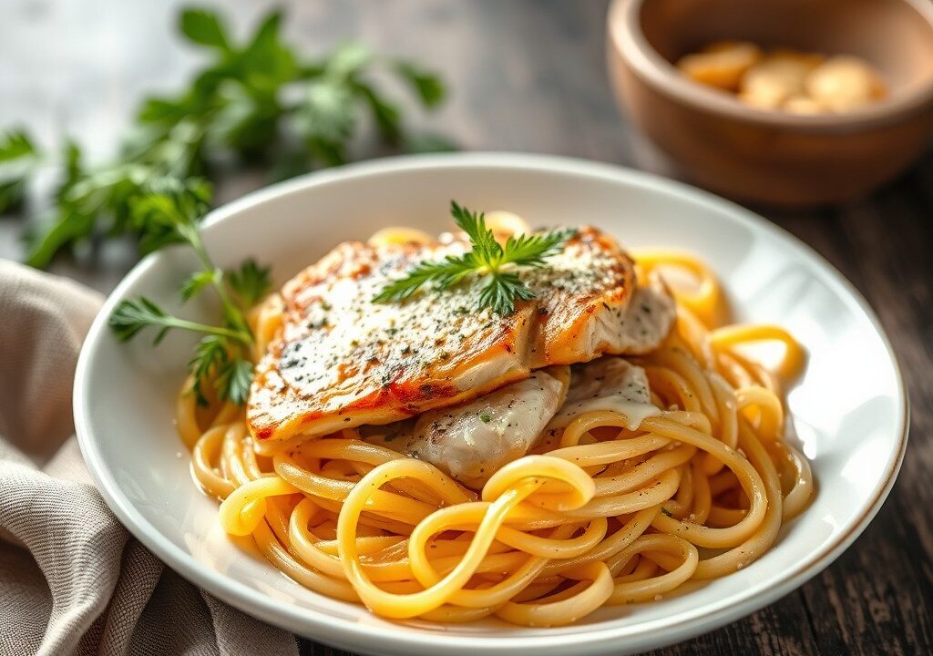 Pasta met kipfilet, perzik en bleekselderij, AI-gegenereerde illustratie