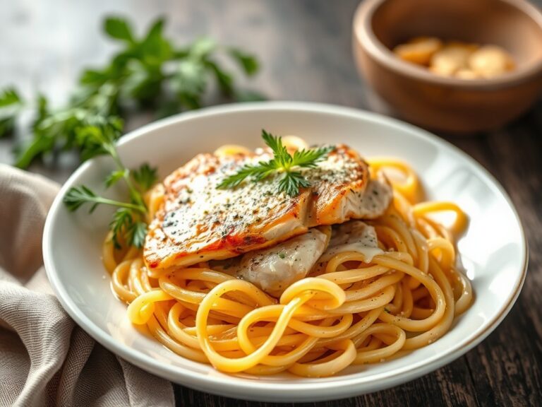 Pasta met kipfilet, perzik en bleekselderij