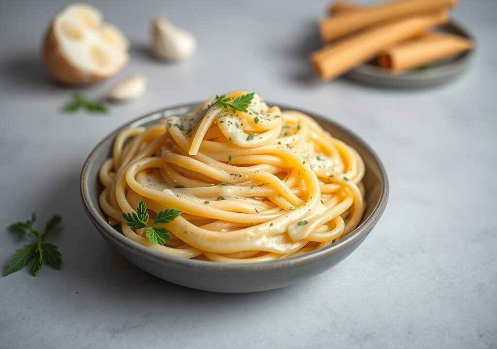 Pasta met Knoflook-Kaassaus, AI-gegenereerde illustratie