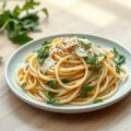 Pasta met knoflookroom en rucola