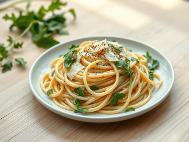 Pasta met knoflookroom en rucola