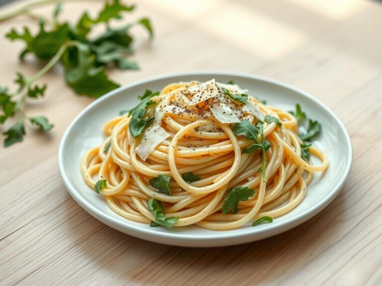 Pasta met knoflookroom en rucola