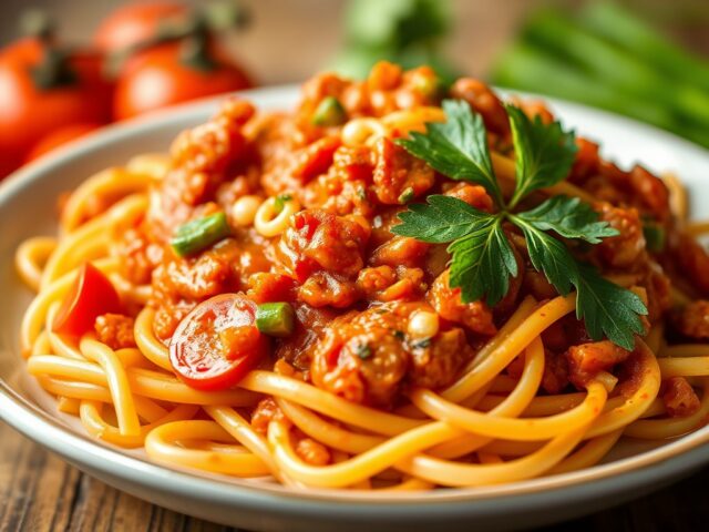 Pasta met Luxe Vlees-Tomatensaus — AI-gegenereerde illustratie