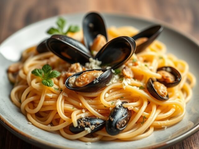 Pasta met mosselen en mosterdroom