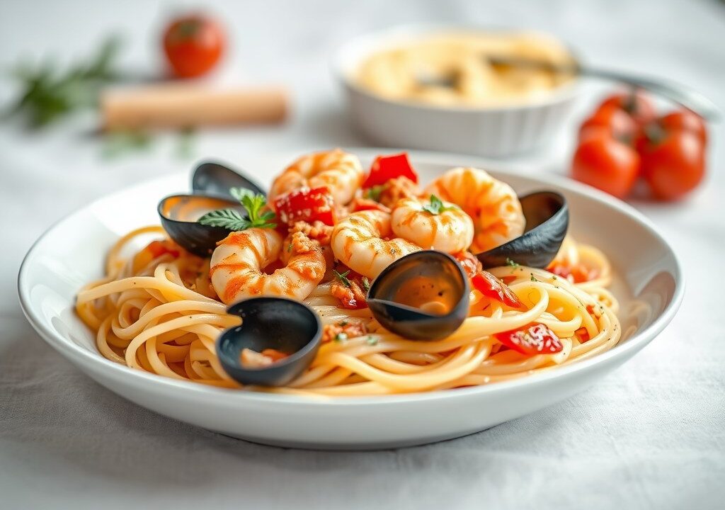 Pasta met mosselen-krab-garnalensaus, AI-gegenereerde illustratie
