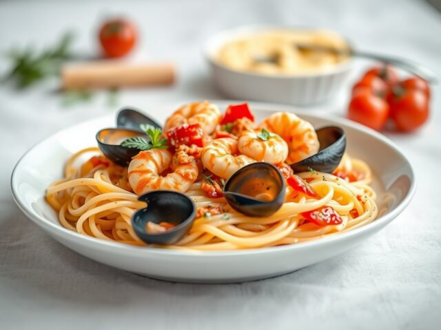 Pasta met mosselen-krab-garnalensaus — AI-gegenereerde illustratie