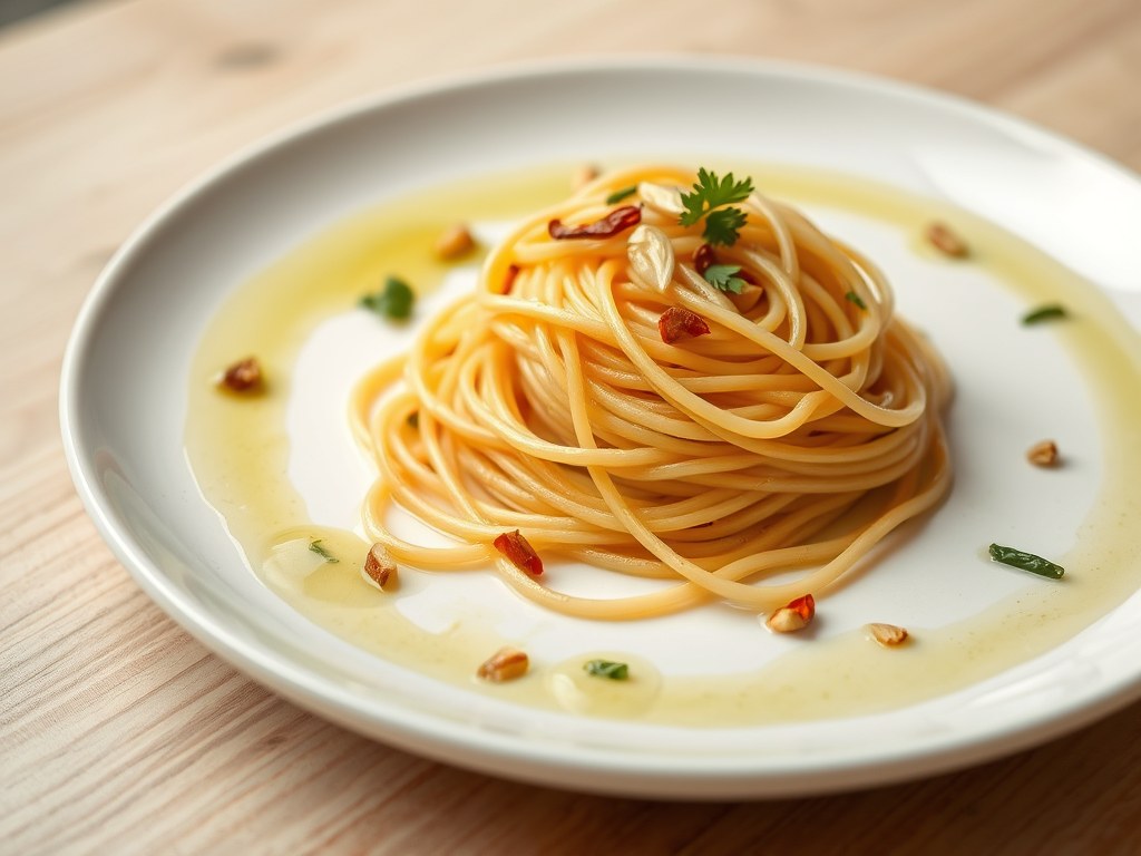 Pasta met olie en knoflook, AI-gegenereerde illustratie