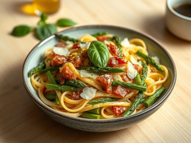 Pasta met pancetta en groene asperges