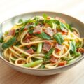 Pasta met peultjes,tuinbonen en rucola