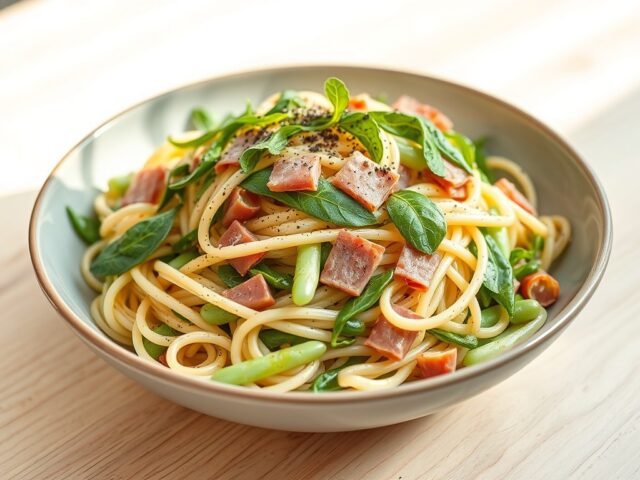 Pasta met peultjes,tuinbonen en rucola