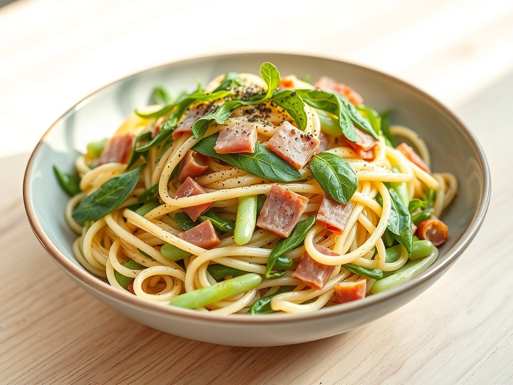 Pasta met peultjes,tuinbonen en rucola, AI-gegenereerde illustratie