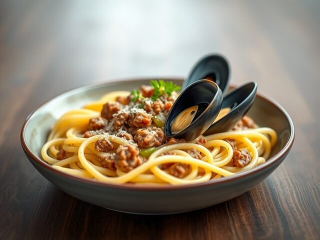 Pasta met prei en mosselen — AI-gegenereerde illustratie