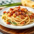 Pasta met prei spekblokjes en chilisaus