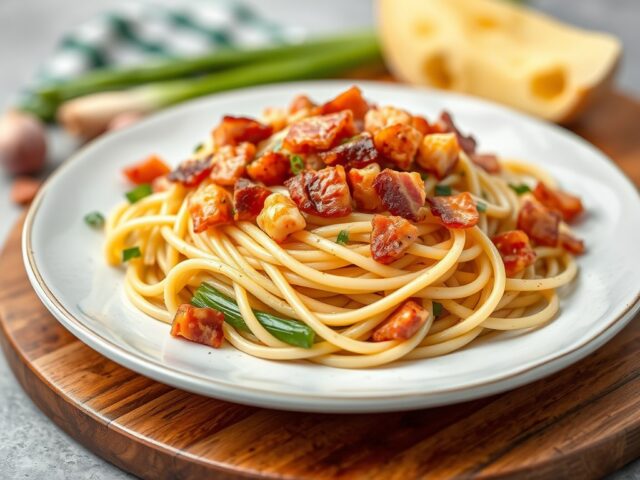 Pasta met prei spekblokjes en chilisaus