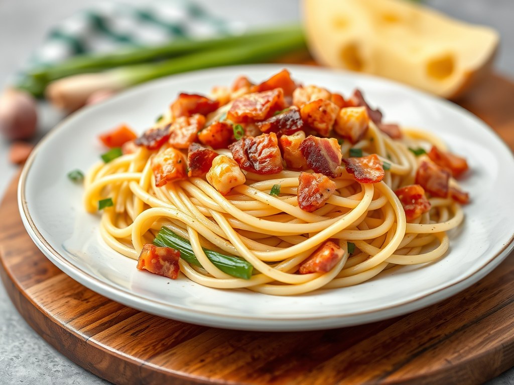 Pasta met prei spekblokjes en chilisaus, AI-gegenereerde illustratie