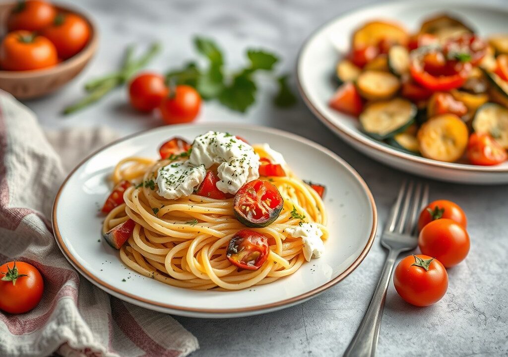Pasta met ricotta en geroosterde groente, AI-gegenereerde illustratie