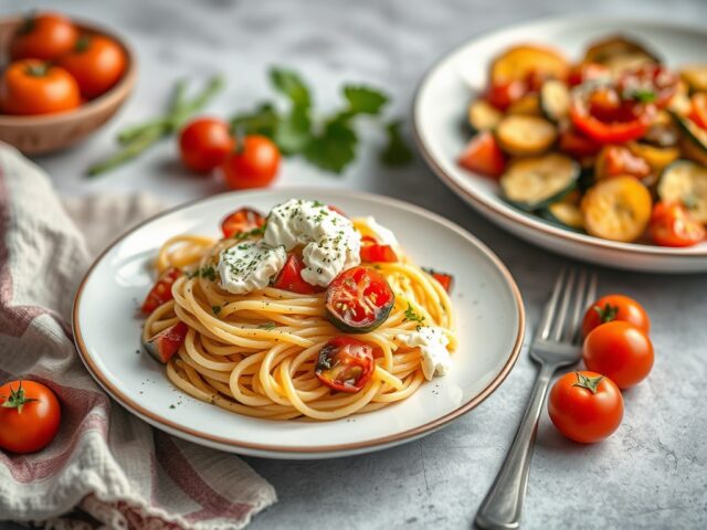 Pasta met ricotta en geroosterde groente — AI-gegenereerde illustratie