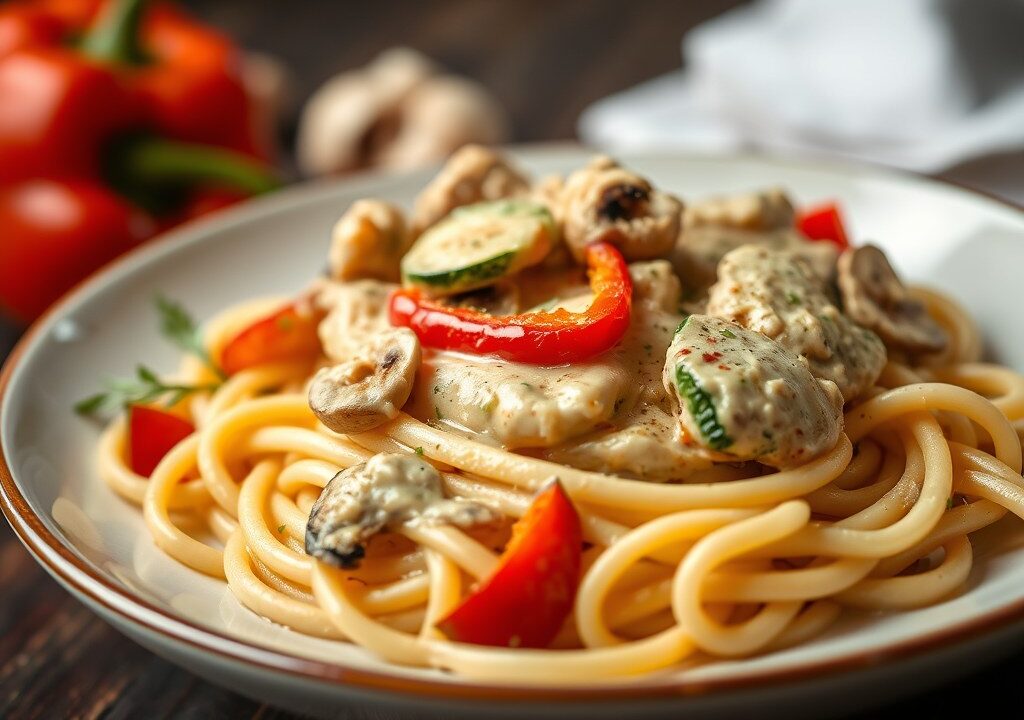 Pasta met roomsaus en kip, AI-gegenereerde illustratie