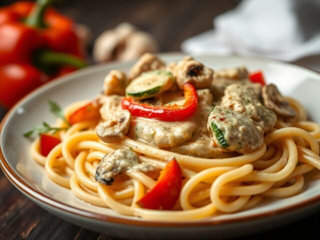 Pasta met roomsaus en kip — AI-gegenereerde illustratie