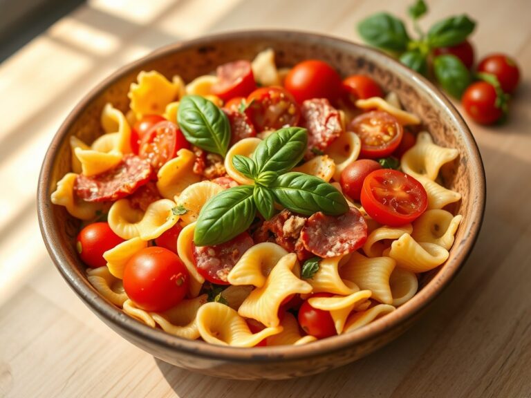 Pasta met salami, kerstomaatjes en tomatenpesto