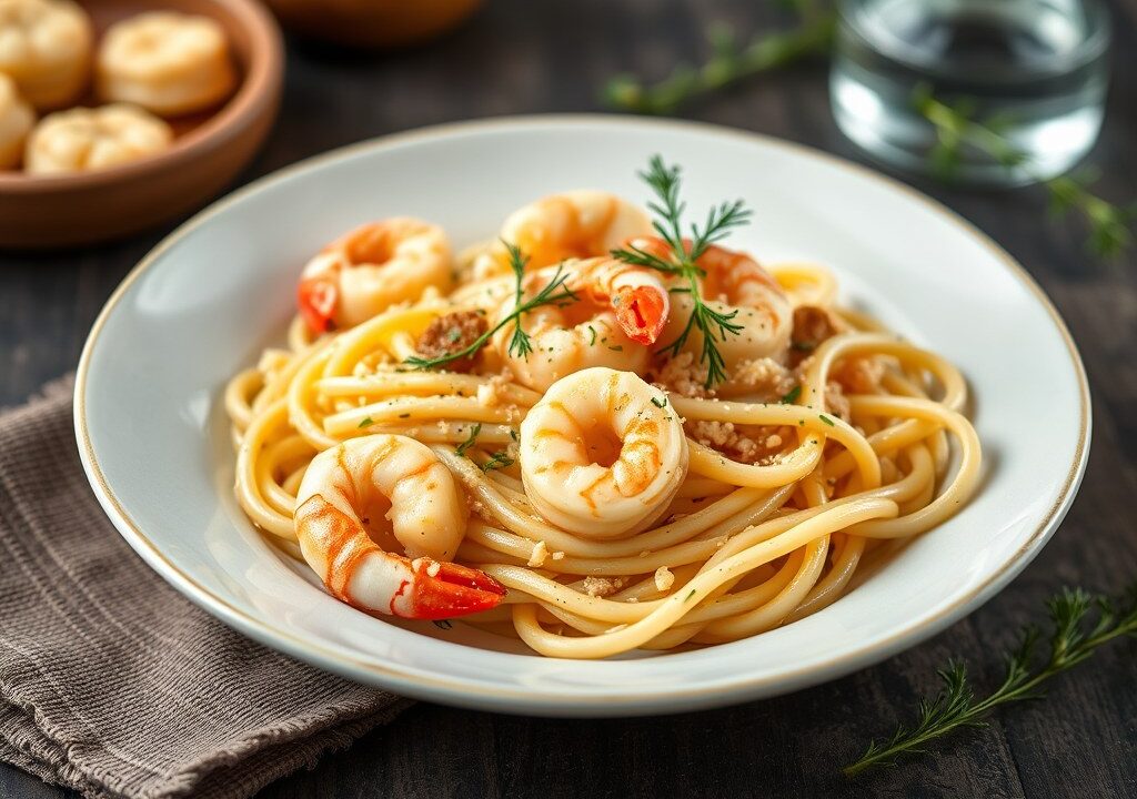 Pasta met scampi’s, AI-gegenereerde illustratie