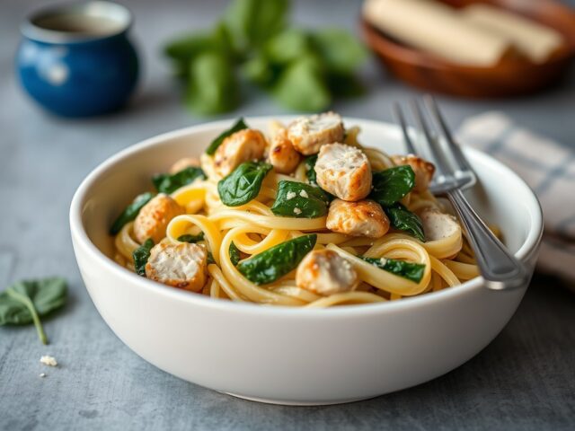 Pasta met spinazie en Boursin — AI-gegenereerde illustratie