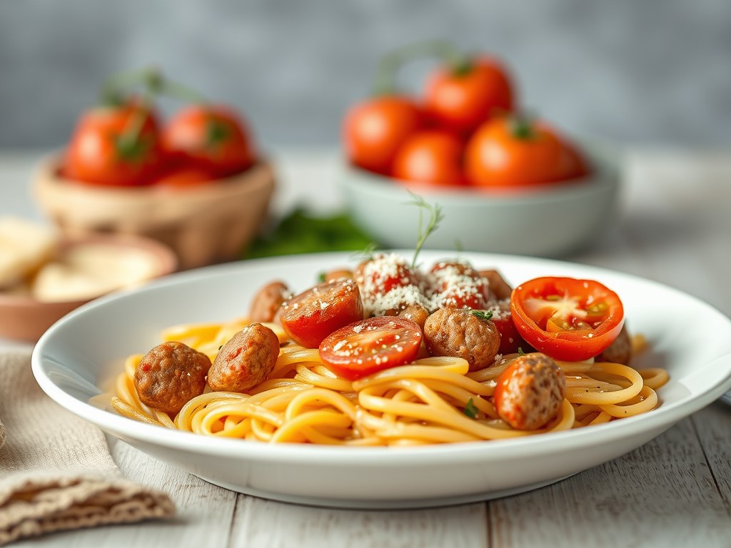 Pasta met tomaat,pittige worst en venkel, AI-gegenereerde illustratie