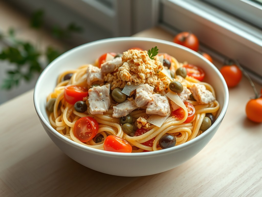Pasta met tonijn, AI-gegenereerde illustratie